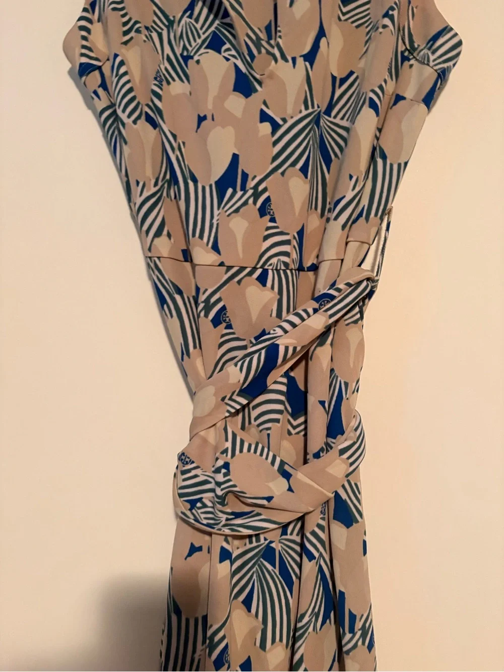 Tory Burch Beige and Blue Printed Sleeveless dress with belted sash.